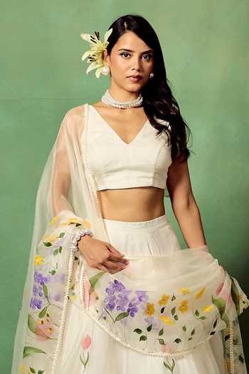 Shop_Meghstudio_White Organza, Silk, Modal Kyari Hand Painted Lehenga Set _at_Aza_Fashions