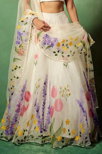 Meghstudio_White Organza, Silk, Modal Kyari Hand Painted Lehenga Set _Online_at_Aza_Fashions