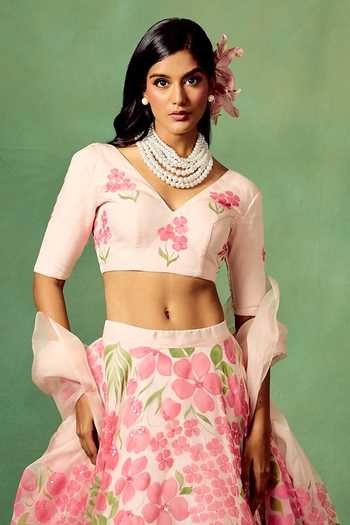Shop_Meghstudio_Pink Organza, Silk, Modal Swarna Embroidered Lehenga Set _at_Aza_Fashions
