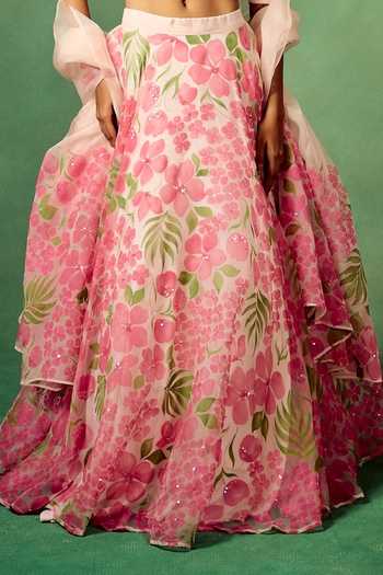 Meghstudio_Pink Organza, Silk, Modal Swarna Embroidered Lehenga Set _Online_at_Aza_Fashions