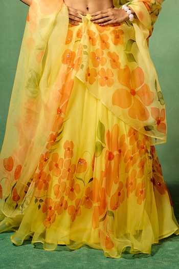 Meghstudio_Yellow Silk, Modal, Organza Round Neck Saanjh Hand Painted Lehenga Set _Online_at_Aza_Fashions