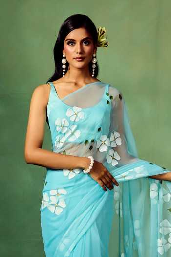 Shop_Meghstudio_Blue Chiffon, Satin, Modal Dogwood Saree With Unstitched Blouse Piece _at_Aza_Fashions