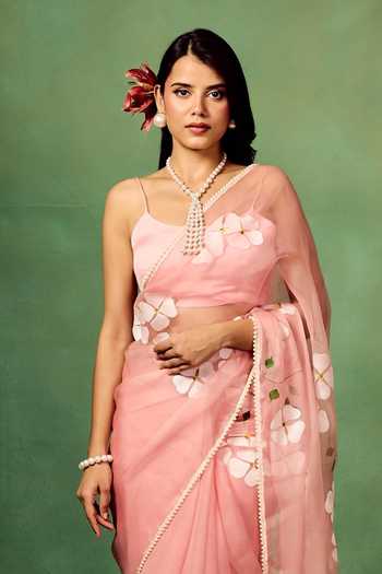 Shop_Meghstudio_Pink Organza, Satin, Dogwood Floral Painted Saree With Unstitched Blouse Piece _at_Aza_Fashions