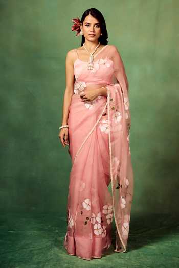 Buy_Meghstudio_Pink Organza, Satin, Dogwood Floral Painted Saree With Unstitched Blouse Piece _at_Aza_Fashions