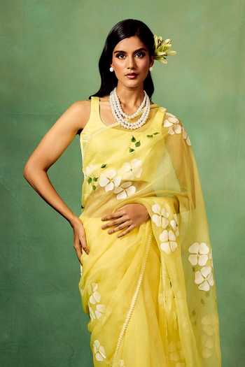 Shop_Meghstudio_Yellow Organza, Satin, Dogwood Floral Painted Saree With Unstitched Blouse Piece _at_Aza_Fashions