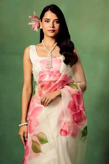 Shop_Meghstudio_White Organza, Satin, Flora Hand Painted Saree With Unstitched Blouse Piece _at_Aza_Fashions