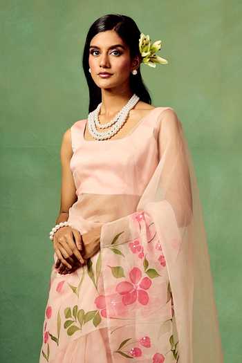 Shop_Meghstudio_Pink Organza, Satin, Modal Kyari Hand Painted Saree With Unstitched Blouse Piece _at_Aza_Fashions