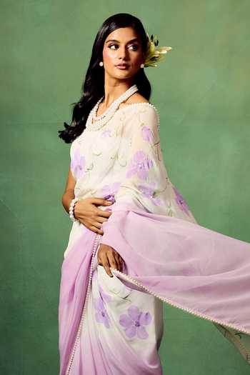 Shop_Meghstudio_Purple Viscose Georgette, Lavender Ombre Saree With Unstitched Blouse Piece _at_Aza_Fashions