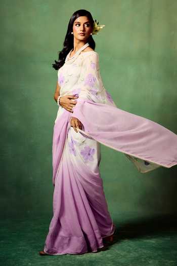 Buy_Meghstudio_Purple Viscose Georgette, Lavender Ombre Saree With Unstitched Blouse Piece _at_Aza_Fashions