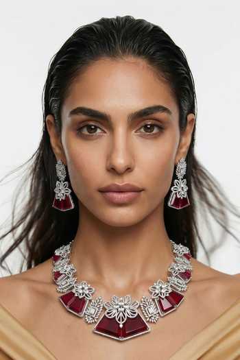 Shop_PRERTO_Red Haniya Floral Necklace Set _at_Aza_Fashions