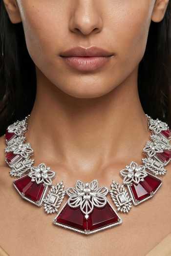 PRERTO_Red Haniya Floral Necklace Set _Online_at_Aza_Fashions
