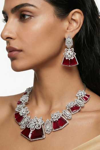 Buy_PRERTO_Red Haniya Floral Necklace Set _Online_at_Aza_Fashions