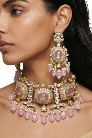 PRERTO_Pink Kloe Moissanite Polki Kundan Necklace Set _Online_at_Aza_Fashions
