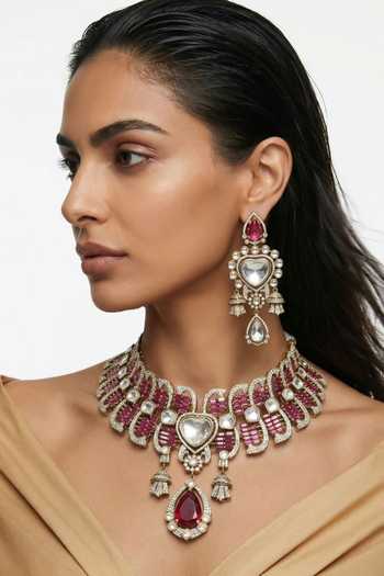 Buy_PRERTO_Red Abeer Baguette And Moissanite Necklace Set _at_Aza_Fashions