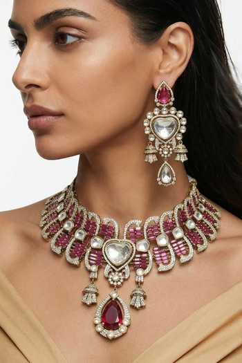 Buy_PRERTO_Red Abeer Baguette And Moissanite Necklace Set _Online_at_Aza_Fashions