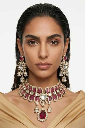 Shop_PRERTO_Red Abeer Baguette And Moissanite Necklace Set _at_Aza_Fashions