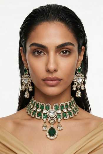 Shop_PRERTO_Emerald Green Abeer Baguette And Moissanite Necklace Set _at_Aza_Fashions