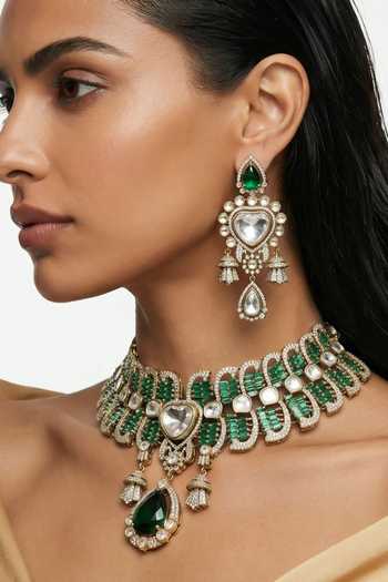 PRERTO_Emerald Green Abeer Baguette And Moissanite Necklace Set _Online_at_Aza_Fashions