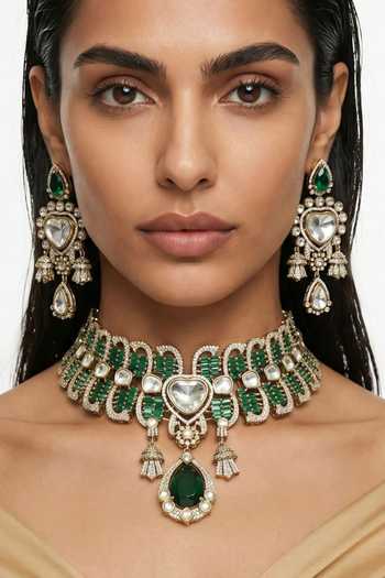 Buy_PRERTO_Emerald Green Abeer Baguette And Moissanite Necklace Set _Online_at_Aza_Fashions