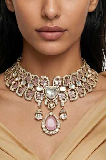 PRERTO_Gold Plated Abeer Baguette And Moissanite Necklace Set _Online_at_Aza_Fashions
