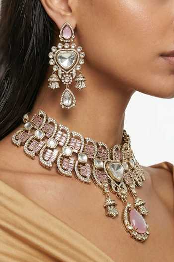 Buy_PRERTO_Gold Plated Abeer Baguette And Moissanite Necklace Set _Online_at_Aza_Fashions