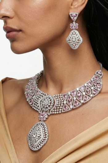 PRERTO_Pink Momike Drops Statement Necklace Set _Online_at_Aza_Fashions