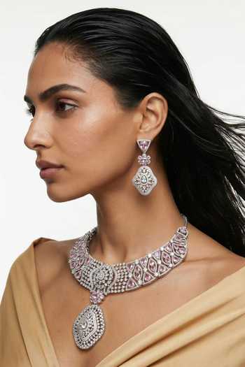 Shop_PRERTO_Pink Momike Drops Statement Necklace Set _at_Aza_Fashions