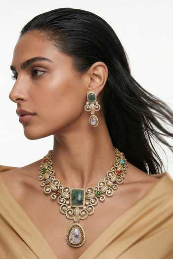 Buy_PRERTO_Multi Color Hafsa Moissanite Polki Kundan Necklace Set _at_Aza_Fashions