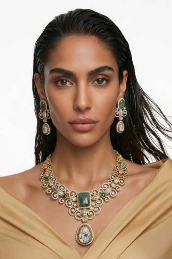Shop_PRERTO_Multi Color Hafsa Moissanite Polki Kundan Necklace Set _at_Aza_Fashions