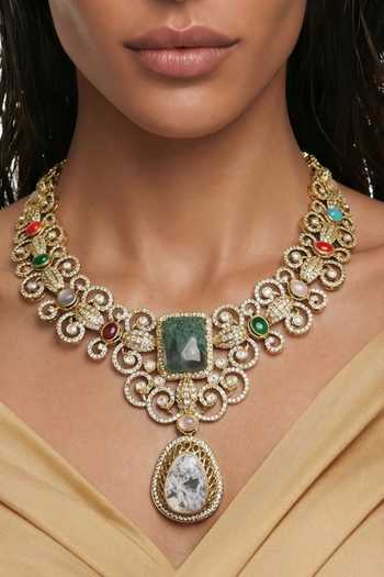 Buy_PRERTO_Multi Color Hafsa Moissanite Polki Kundan Necklace Set _Online_at_Aza_Fashions