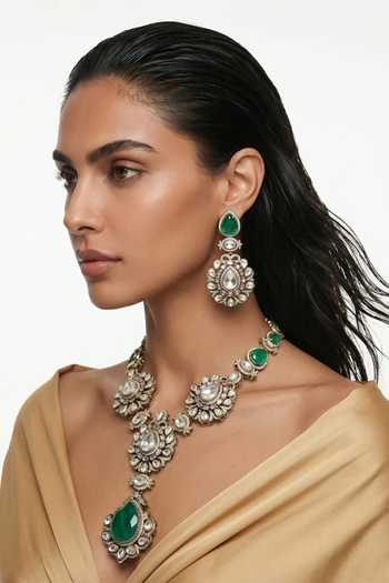 Shop_PRERTO_Emerald Green Mahenee Long Moissanite Necklace Set _at_Aza_Fashions