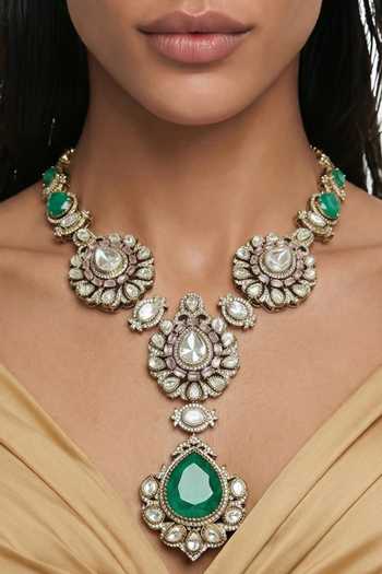 PRERTO_Emerald Green Mahenee Long Moissanite Necklace Set _Online_at_Aza_Fashions