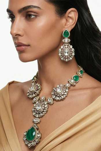 Buy_PRERTO_Emerald Green Mahenee Long Moissanite Necklace Set _Online_at_Aza_Fashions