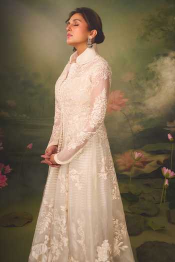 Shop_Rohit Bal_Ivory Net Round Neck Floral Embroidered Anarkali _at_Aza_Fashions