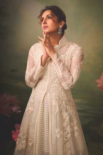 Buy_Rohit Bal_Ivory Net Round Neck Floral Embroidered Anarkali _at_Aza_Fashions