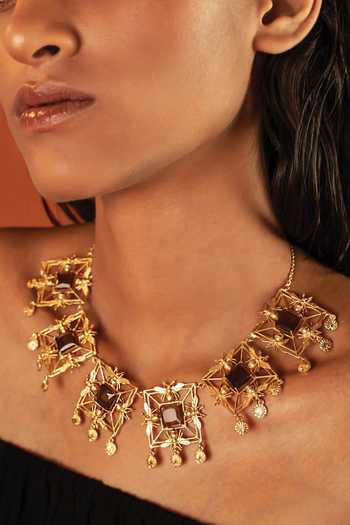 Buy_Dhwani Bansal Jewellery_Brown Mori Square Cut Shaped Necklace _at_Aza_Fashions