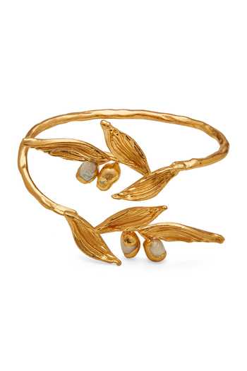 Shop_Dhwani Bansal Jewellery_Gold Plated Haya Leaf Motif Bracelet _at_Aza_Fashions