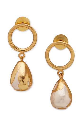 Shop_Dhwani Bansal Jewellery_Gold Plated Luludrop Baroque Pearl Embellished Earrings _at_Aza_Fashions