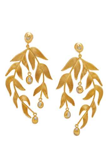 Shop_Dhwani Bansal Jewellery_Gold Plated Sooki Leaf Branches Motif Earrings _at_Aza_Fashions
