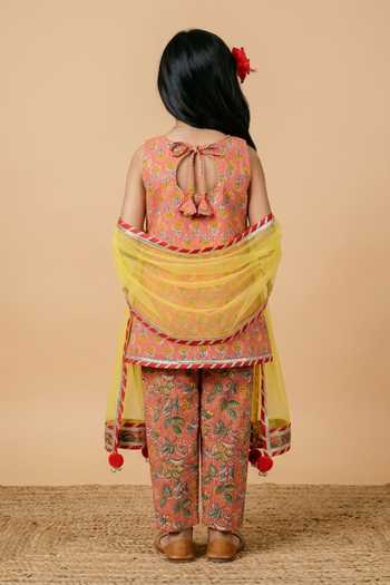 Shop_Byb Premium_Orange Cotton, Chiffon Tassels, Gota Patti, Floral Print Kurta Pyjama Set _at_Aza_Fashions
