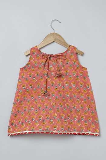 Byb Premium_Orange Cotton, Chiffon Tassels, Gota Patti, Floral Print Kurta Pyjama Set _at_Aza_Fashions
