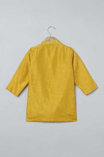 Shop_Byb Premium_Yellow Silk Embroidery Lotus Kurta And Pyjama Set _Online_at_Aza_Fashions