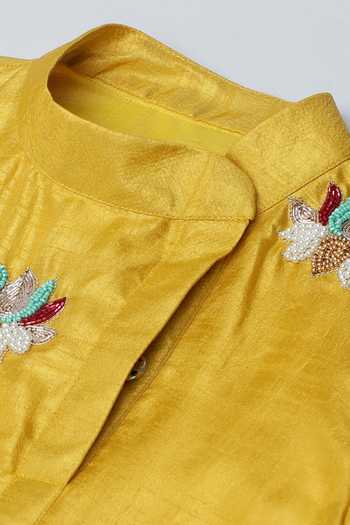 Shop_Byb Premium_Yellow Silk Embroidery Lotus Kurta And Pyjama Set 