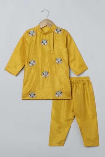 Byb Premium_Yellow Silk Embroidery Lotus Kurta And Pyjama Set _Online