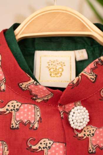 Shop_Byb Premium_Green Cotton Pearls Jaipuri Elephant Print Bundi Set 