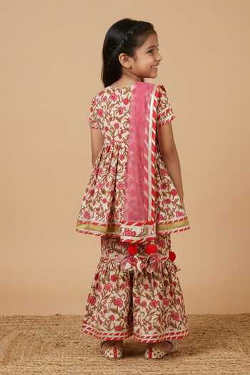 Shop_Byb Premium_Multi Color Cotton, Chiffon Tassels, Gota Floral Print Anarkali Sharara Set _at_Aza_Fashions