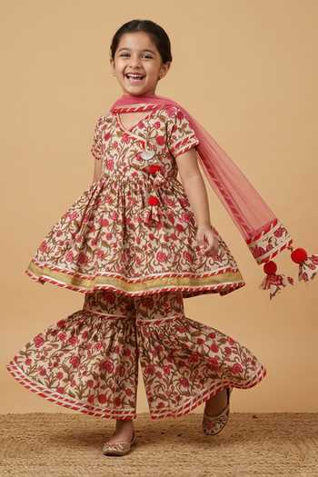 Buy_Byb Premium_Multi Color Cotton, Chiffon Tassels, Gota Floral Print Anarkali Sharara Set _Online_at_Aza_Fashions
