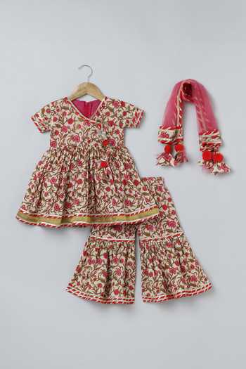 Shop_Byb Premium_Multi Color Cotton, Chiffon Tassels, Gota Floral Print Anarkali Sharara Set _Online_at_Aza_Fashions