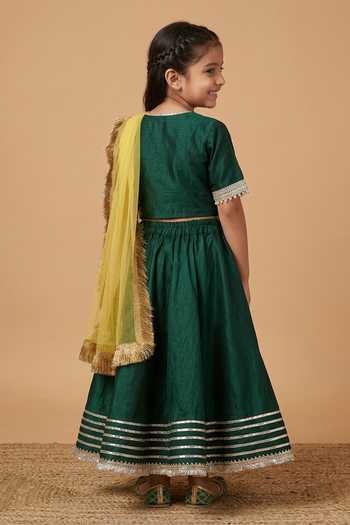 Shop_Byb Premium_Green Silk Gota Patti, Fringe Work Blouse Lehenga Set _at_Aza_Fashions