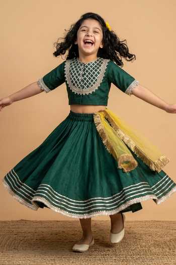 Byb Premium_Green Silk Gota Patti, Fringe Work Blouse Lehenga Set _Online_at_Aza_Fashions